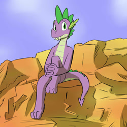 Size: 1280x1280 | Tagged: safe, artist:fuzebox, character:spike, species:dragon, looking at you, male, older, rock, semi-anthro, sitting, solo, teenage spike, teenaged dragon, teenager