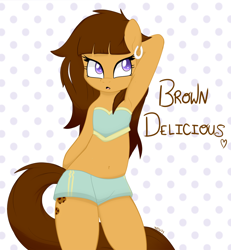 Size: 924x1000 | Tagged: safe, artist:higgly-chan, oc, oc only, oc:brown delicious, species:earth pony, species:pony, armpits, belly button, bipedal, clothing, earring, semi-anthro, solo