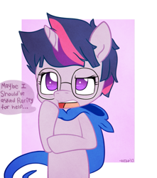 Size: 689x781 | Tagged: safe, artist:higgly-chan, character:twilight sparkle, alternate hairstyle, crossover, female, glasses, homestuck, john egbert, open mouth, raised eyebrow, short hair, solo, thinking