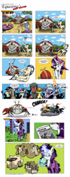 Size: 1931x4890 | Tagged: safe, artist:saturdaymorningproj, character:bon bon, character:carrot top, character:cloudchaser, character:cranky doodle donkey, character:derpy hooves, character:golden harvest, character:horte cuisine, character:rarity, character:sweetie drops, character:thunderlane, oc, oc:tom the crab, species:donkey, species:earth pony, species:pegasus, species:pony, species:unicorn, angry mob, bathrobe, bits, bribery, chase, clothing, coffee, comic, giant crab, glare, grin, harpoon, lynch mob, magic, newspaper, pitchfork, ponyville, rarity fighting a giant crab, robe, running, smiling, sunglasses, sweat, torch, yelling
