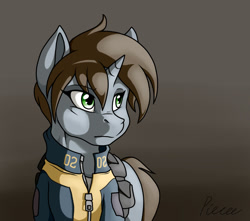 Size: 1024x904 | Tagged: safe, artist:whitepone, oc, oc only, oc:littlepip, species:pony, species:unicorn, fallout equestria, clothing, fanfic, fanfic art, female, gradient background, horn, mare, saddle bag, solo, vault suit