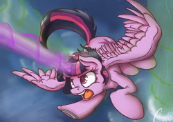 Size: 900x636 | Tagged: safe, artist:mistydash, character:twilight sparkle, character:twilight sparkle (alicorn), species:alicorn, species:pony, action pose, chest fluff, female, fight, flying, glowing horn, horn, magic, magic blast, mare, open mouth, solo, spread wings, underhoof, wings