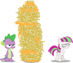 Size: 1136x982 | Tagged: safe, artist:punzil504, character:blossomforth, character:spike, age regression, courage the cowardly dog, fanfic art, filly, filly blossomforth, macaroni and cheese, parody, simple background, transparent background, vector