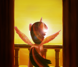 Size: 6578x5625 | Tagged: safe, artist:anticular, character:twilight sparkle, character:twilight sparkle (alicorn), species:alicorn, species:pony, absurd resolution, backlighting, balcony, female, kallisti, lens flare, mare, railing, rear view, sky, sky background, solo, spread wings, sun, sunset, windswept mane, wings