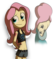 Size: 1092x1156 | Tagged: safe, artist:fj-c, character:fluttershy, my little pony:equestria girls, back, belly button, breasts, cleavage, clothing, delicious flat chest, female, flattershy, humanized, midriff, pony coloring, shorts, smiling, solo, tattoo, undressing