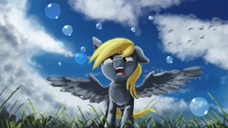 Size: 5760x3240 | Tagged: safe, artist:hierozaki, character:derpy hooves, species:pegasus, species:pony, bubble, cloud, cloudy, cute, female, field, hnnng, mare, solo, wingboner