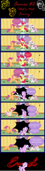 Size: 3000x11442 | Tagged: safe, artist:magerblutooth, character:apple bloom, character:diamond tiara, character:scootaloo, character:sweetie belle, species:pegasus, species:pony, cake, clothing, comic, crying, cute, cutie mark crusaders, fourth wall, hat, implied grimdark, missing accessory, nausea, ocular gushers, scissors