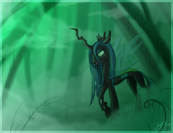 Size: 1300x1000 | Tagged: safe, artist:probablyfakeblonde, character:queen chrysalis, species:changeling, g4, changeling queen, female, fog, profile, solo
