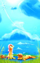 Size: 1529x2377 | Tagged: safe, artist:sharpieboss, character:applejack, character:fluttershy, cloud, cloudy, flying, grass, hair over one eye, in the distance, looking up, lying down, picnic, sitting, sky, vertigo