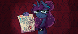 Size: 1000x442 | Tagged: safe, artist:herny, character:princess luna, character:trixie, species:pony, species:unicorn, luna-afterdark, ship:luxie, ask, drawing, female, glasses, lesbian, mantrix, mare, shipping, single panel, solo, transpony, tumblr