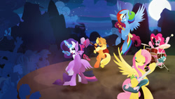 Size: 1920x1080 | Tagged: safe, artist:rariedash, character:applejack, character:discord, character:fluttershy, character:pinkie pie, character:rainbow dash, character:rarity, character:twilight sparkle, character:twilight sparkle (alicorn), character:zecora, species:alicorn, species:earth pony, species:pegasus, species:pony, species:unicorn, species:zebra, back to back, band, bedroom eyes, bipedal, clothing, cowboy hat, cutie mark, drums, eyes closed, female, flying, full moon, glowing horn, grin, gritted teeth, guitar, hat, hooves, horn, levitation, lineless, magic, mane six, mare, microphone, moon, musical instrument, night, night sky, open mouth, ponyville, singing, sky, smiling, spread wings, stage, stars, teeth, telekinesis, tree, wide eyes, wings
