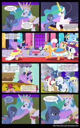 Size: 2000x3163 | Tagged: safe, artist:mlp-silver-quill, character:applejack, character:blue moon (g4), character:derpy hooves, character:fancypants, character:fluttershy, character:lickety split, character:minuette, character:princess celestia, character:rainbow dash, character:rarity, character:roseluck, character:twilight sparkle, character:twilight sparkle (alicorn), oc, oc:clutterstep, species:alicorn, species:pony, comic:a princess' tears, comic, female, foggy fleece, mare, nana knits, rose