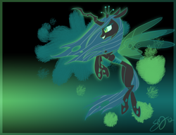 Size: 1300x1000 | Tagged: safe, artist:probablyfakeblonde, character:queen chrysalis, species:changeling, changeling queen, fangs, female, flowing mane, flying, frown, signature, smiling, solo