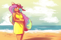 Size: 1280x841 | Tagged: safe, artist:herny, character:princess celestia, species:human, beach, chubby, chubbylestia, clothing, cloud, cloudy, dress, female, grin, hat, humanized, lipstick, moderate dark skin, ocean, smiling, solo, sun hat, sundress, tanlestia, tanned