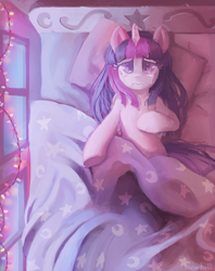 Size: 734x927 | Tagged: safe, artist:mewball, character:twilight sparkle, character:twilight sparkle (alicorn), species:alicorn, species:pony, alone, bed, crying, fairy lights, feels, female, high angle, lonely, lying down, mare, on back, sad, sheet, solo