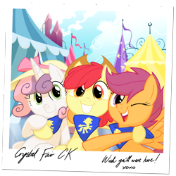 Size: 2000x2000 | Tagged: safe, artist:equestria-prevails, character:apple bloom, character:scootaloo, character:sweetie belle, species:pegasus, species:pony, adorabloom, clothing, cute, cutealoo, cutie mark crusaders, diasweetes, happy, hat, high res, hug, scarf, wink
