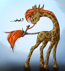 Size: 906x1000 | Tagged: safe, artist:madhotaru, oc, oc only, oc:twiggy, comb, giraffe, prehensile tongue, solo, tongue hold, tongue out