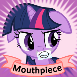 Size: 1024x1024 | Tagged: safe, artist:dtkraus, character:twilight sparkle, derpibooru, annoyed, female, floppy ears, frown, lined paper, meta, mouthpiece, old banner, solo, spoilered image joke