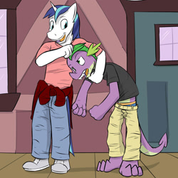Size: 1280x1280 | Tagged: safe, artist:fuzebox, character:shining armor, character:spike, species:anthro, species:plantigrade anthro, ship:spikemor, annoyed, annoying older brother, briefs, clothing, male, noogie, sorta spikelove, spikelove, train station, underwear