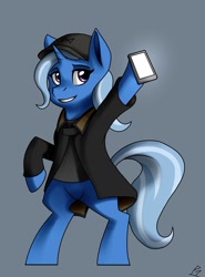 Size: 1280x1732 | Tagged: safe, artist:whitepone, character:trixie, species:pony, species:unicorn, aiden pearce, cellphone, clothing, cosplay, costume, female, mare, parody, phone, smiling, solo, watch dogs