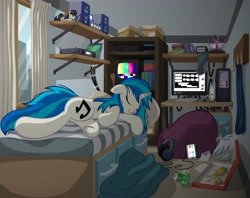 Size: 4170x3300 | Tagged: safe, artist:template93, character:dj pon-3, character:octavia melody, character:vinyl scratch, species:pony, species:unicorn, apartment, beanbag chair, bed, bed mane, city, clothing, computer, cute, eyes closed, female, floppy ears, food, headphones, mare, meat, messy mane, on side, pepperoni, pepperoni pizza, phone, pizza, plushie, record player, sleeping, smiling, socks, solo, stereo, underhoof, vinylbetes, window