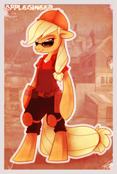 Size: 1114x1646 | Tagged: safe, artist:imalou, character:applejack, engineer, female, semi-anthro, solo, sunglasses, team fortress 2