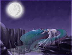Size: 1300x1000 | Tagged: safe, artist:probablyfakeblonde, character:princess celestia, species:alicorn, species:pony, g4, crying, female, mare, mare in the moon, moon, night, solo, wings down