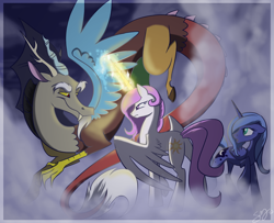 Size: 1600x1300 | Tagged: dead source, safe, artist:probablyfakeblonde, character:discord, character:princess celestia, character:princess luna, species:alicorn, species:draconequus, species:pony, g4, female, filly, foal, male, mare, s1 luna, sisters, trio