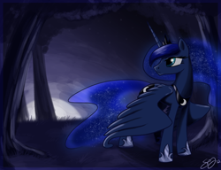 Size: 1300x1000 | Tagged: safe, artist:probablyfakeblonde, character:princess luna, species:alicorn, species:pony, g4, female, looking back, mare, moon, moonrise, night, solo, wings down