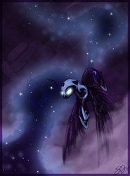 Size: 1158x1565 | Tagged: safe, artist:probablyfakeblonde, character:nightmare moon, character:princess luna, species:alicorn, species:pony, female, flying, glowing eyes, mare, night, solo