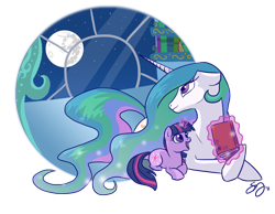 Size: 1420x1100 | Tagged: safe, artist:probablyfakeblonde, character:princess celestia, character:twilight sparkle, species:alicorn, species:pony, species:unicorn, g4, book, caring, duo, female, filly, filly twilight sparkle, looking back, magic, mare, mare in the moon, momlestia, moon, night, prone, telekinesis, window, younger