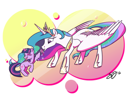 Size: 1300x1000 | Tagged: safe, artist:probablyfakeblonde, character:princess celestia, character:twilight sparkle, character:twilight sparkle (unicorn), species:alicorn, species:pony, species:unicorn, g4, abstract background, blowing bubbles, bubble, cute, cutelestia, duo, female, filly, filly twilight sparkle, mare, rearing, twiabetes, younger