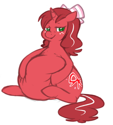 Size: 866x957 | Tagged: safe, artist:redintravenous, oc, oc only, oc:red ribbon, species:pony, species:unicorn, belly, big belly, bow, fat, female, freckles, grope, hair bow, lidded eyes, mare, smiling