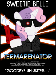 Size: 800x1067 | Tagged: safe, artist:ladyanidraws, character:sweetie belle, species:pony, species:unicorn, sweetie bot, female, filly, foal, hooves, horn, parody, robot, solo, sunglasses, terminator, text, water pistol