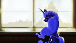 Size: 1920x1080 | Tagged: safe, artist:hierozaki, character:princess luna, female, looking at you, looking back, sitting, solo, window