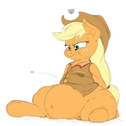 Size: 1000x1001 | Tagged: safe, artist:purple-yoshi-draws, character:applejack, annoyed, applefat, belly, belly button, bottomless, button popping, chubby, chubby jack, clothing, colored, fat, female, shirt, sitting, solo, tight clothing, wardrobe malfunction