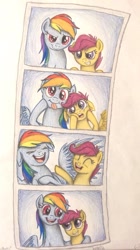 Size: 669x1195 | Tagged: safe, artist:thefriendlyelephant, character:rainbow dash, character:scootaloo, species:pegasus, species:pony, colored pencil drawing, derp face, duo, filly, funny faces, happy, hilarious, laughing, photo booth, pictures, scootalove, smiling, traditional art, winghug, wings