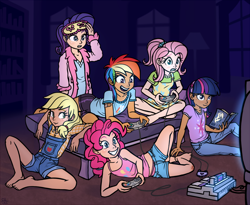 Size: 1054x864 | Tagged: safe, artist:sorcerushorserus, character:applejack, character:fluttershy, character:pinkie pie, character:rainbow dash, character:rarity, character:twilight sparkle, species:human, g4, barefoot, bed, belly button, book, braces, clothing, dark skin, dress, feet, female, freckles, humanized, jeans, light skin, mane six, midriff, open mouth, panties, pants, robe, shirt, shorts, sleep mask, sleepover, smiling, super nintendo, thong, underwear, video game, younger