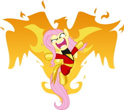 Size: 2500x2211 | Tagged: safe, artist:saturdaymorningproj, character:fluttershy, species:phoenix, clothing, costume, crossover, dark phoenix, female, flutterrage, glare, jean grey, looking at you, marvel, messy mane, open mouth, simple background, solo, spread wings, this will end in death, transparent background, vector, we're screwed, wide eyes, wings, x-men, xk-class end-of-the-world scenario, you're going to love me