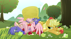 Size: 2970x1620 | Tagged: safe, artist:equestria-prevails, character:applejack (g1), character:firefly, species:earth pony, species:pegasus, species:pony, episode:rescue at midnight castle, g1, my little pony 'n friends, annoyed, apple, applejack is not amused, basket, colored eyebrows, eyebrows, feather, female, freckles, g1 to g4, generation leap, grin, mare, scene interpretation, scrunchy face, unamused, underhoof, wings
