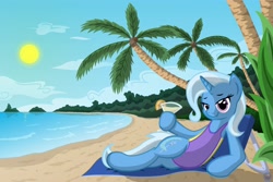 Size: 4500x3000 | Tagged: safe, artist:template93, character:trixie, species:pony, species:unicorn, beach, clothing, drink, female, mare, ocean, one-piece swimsuit, palm tree, solo, swimsuit, tree