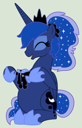 Size: 1024x1591 | Tagged: safe, artist:evilfrenzy, character:princess luna, alternate hairstyle, belly, clothing, cute, eyes closed, female, happy, hoof hold, lunabetes, open mouth, pajamas, ponytail, pregnant, scrunchie, simple background, smiling, solo, vector