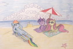 Size: 1024x692 | Tagged: safe, artist:thefriendlyelephant, character:fluttershy, character:rainbow dash, character:twilight sparkle, character:twilight sparkle (alicorn), species:alicorn, species:pony, beach, beach chair, beach towel, beach umbrella, cloud, cloudy, female, mare, ocean, on back, prone, relaxing, sandcastle, smiling, starfish, sunglasses, traditional art, trio