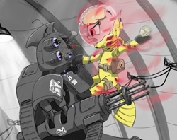 Size: 707x560 | Tagged: safe, artist:madhotaru, oc, oc only, oc:puppysmiles, species:earth pony, species:pony, fallout equestria, canterlot ghoul, fallout equestria: pink eyes, fanfic, fanfic art, female, filly, foal, gun, hazmat suit, hooves, machine gun, open mouth, pink cloud (fo:e), robot, rock, rock of destiny, saddle bag, sentry bot, solo, teeth, weapon