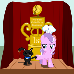 Size: 1635x1635 | Tagged: safe, artist:magerblutooth, character:diamond tiara, oc, oc:dazzle, batter, cat, hoofbump, syrup, trophy