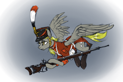 Size: 1000x666 | Tagged: safe, artist:madhotaru, character:derpy hooves, species:pegasus, species:pony, clothing, female, gun, hat, mare, military, musket, shako, solo, uniform