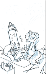 Size: 700x1120 | Tagged: safe, artist:theparagon, character:fluttershy, character:trixie, ship:trixieshy, ask trixie, female, fireworks, lesbian, monochrome, shipping