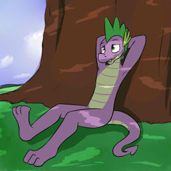 Size: 1280x1280 | Tagged: safe, artist:fuzebox, character:spike, species:dragon, armpits, bored, lonely, male, older, older spike, semi-anthro, sitting, solo, spike's journey, story included, teenage spike, teenaged dragon, tree, under the tree