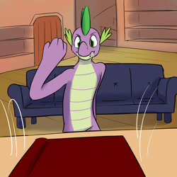 Size: 1280x1280 | Tagged: safe, artist:fuzebox, character:spike, species:dragon, couch, frustrated, library, male, older, semi-anthro, solo, spike's journey, teenage spike, teenaged dragon, teenager