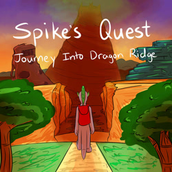 Size: 1280x1280 | Tagged: safe, artist:fuzebox, character:spike, species:dragon, backpack, male, mountain, older, older spike, solo, spike's journey, teenage spike, teenaged dragon, title page
